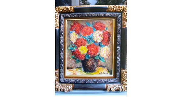 絵画油彩画油絵F8 「2色のバラ」パリ菊地正則豪華美品額付き